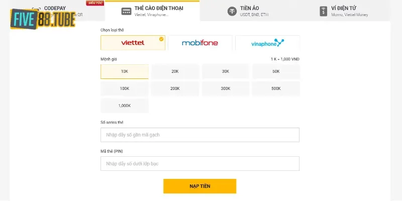 Nạp Tiền Five88 1 Thực hiện nạp tiền Five88 theo đúng hạn mức quy định